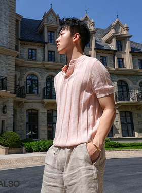 SEEALSO『老钱的终点』棉麻花纱8针精纺新贵老钱亨利领针织衫短袖