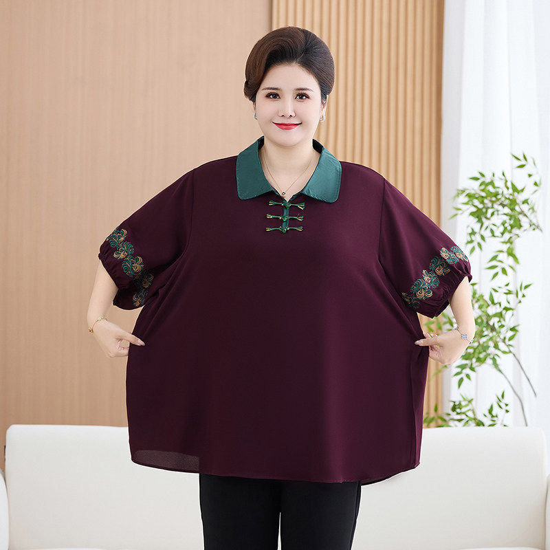 中老年妈妈大码雪纺短袖t恤女奶奶夏装加肥加大上衣宽松200斤女装
