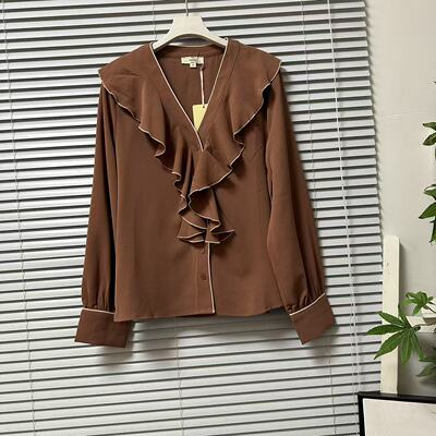 0226-36法国单荷叶边长袖衬衫纽扣时尚风女上衣单排扣气质百搭