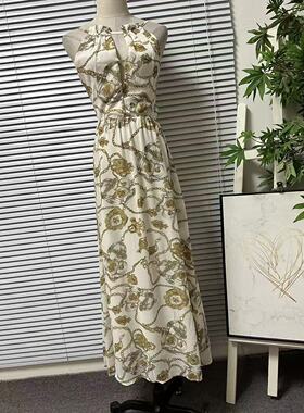 0226-13原创设计雪纺气质通勤收腰花卉印花轻奢连衣裙无袖露背