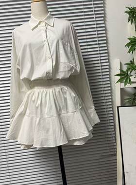 0714-18法式风白色衬衫连衣裙女收腰显瘦A字蛋糕裙掐腰裙翻领女士