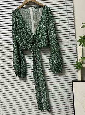 1120-42法式复古碎花长袖衬衫轻薄雪纺V领小衫绿色印花辣妹上衣