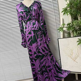 休闲印花宽松收腰连衣裙V领女装 度假风荷叶 37西班牙品牌长袖 0330