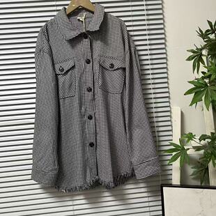 纽扣双口袋翻领流苏格纹千鸟格女装 休闲衬衫 30法国单长袖 0320