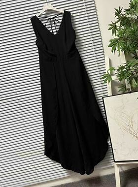 0204-28极简风黑色V领无袖连衣裤女收腰显瘦中长款高级感连体裤