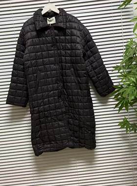 1023-46韩版文艺风翻领薄款棉服女宽松中长款黑色菱格纹外套