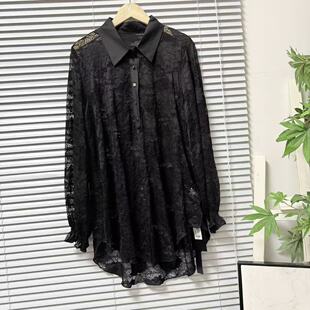 0330 休闲衬衫 纽扣宽松翻领女装 黑色休闲风 45原创设计蕾丝长袖