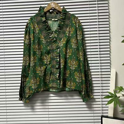 0304-29法国单立领印花衬衫女长袖宽松显瘦设计感绿色花卉上衣