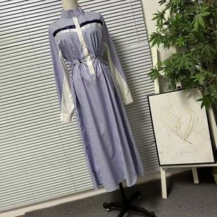 百搭休闲 收腰显瘦长裙时尚 1119 30简约条纹拼色连衣裙女长袖