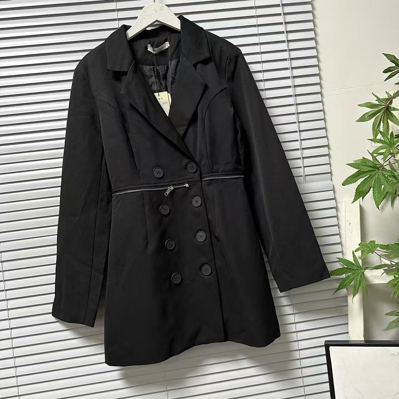 1121-43大牌双排扣西装赫本风连衣裙女收腰显瘦黑色通勤百搭