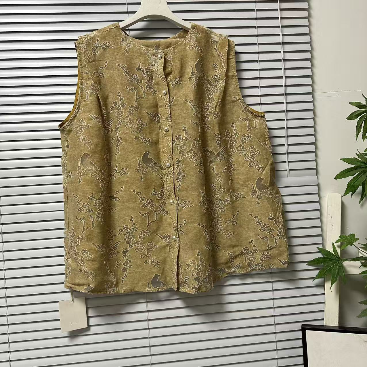 1025-52新中式风烂花绒提花衬衫女无袖马甲背心洋气国风上衣