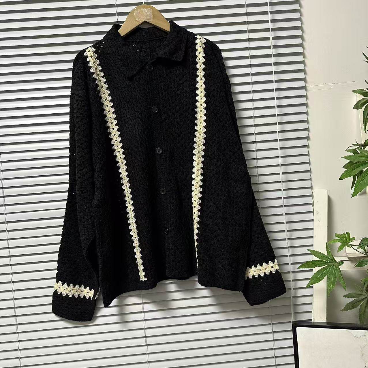 0124-21小香风黑色POLO领针织开衫长袖镂空钩织通勤外套气质上衣,女装/女士精品,常规大码外套,淘宝优惠券,粉丝福利购,淘宝优惠卷