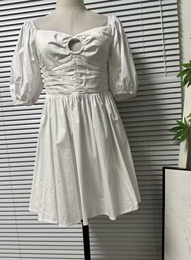 1201-26F家法式甜美方领压褶灯笼袖连衣裙白色小个子显瘦减龄短裙