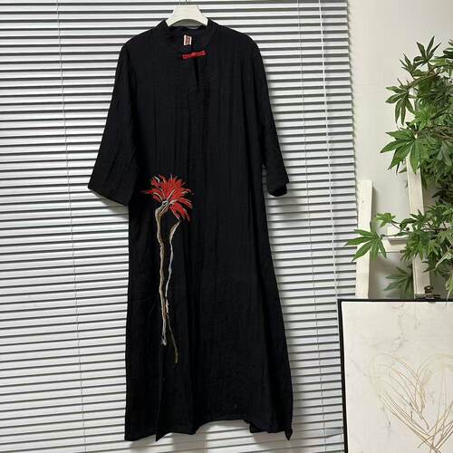 0317-21新中式暗纹提花刺绣棉麻连衣裙黑色盘扣裙国风复古气质裙