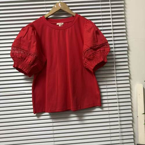 0814-42法系淑女红色泡泡袖蕾丝拼接圆领短袖衬衫女宽松含棉上衣