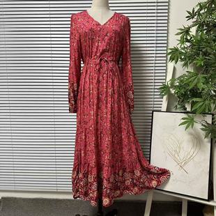 1222 V领收腰飘逸长裙度假风 12波西米亚风印花连衣裙女长袖