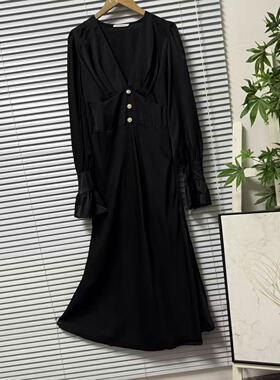0123-52法式V领黑色连衣裙女长袖收腰显瘦气质优雅知性风中长裙