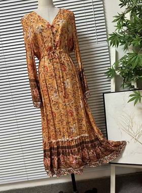 1212-50波西米亚风印花连衣裙女长袖V领收腰飘逸长裙度假风