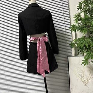 连衣裙 气质通勤黑色西装 1224 49设计感露腰蝴蝶结短外套女修身