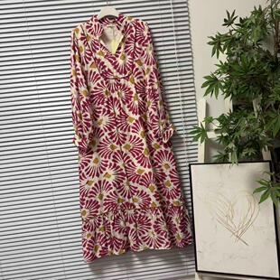 0418-13法式印花连衣裙女长袖V领收腰系带优雅气质长裙诗意情怀