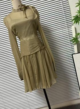 0707-1欧洲单原单尾货洋气淑女范雪纺连衣裙设计款收腰A摆裙子