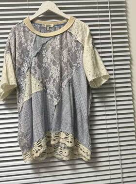 0626-41波嬉风蕾丝拼接镂空刺绣罩衫女中袖宽松百搭薄款含棉上衣