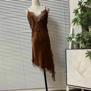 性感V领蕾丝吊带裙轻熟优雅中长款 缎感连衣裙 19小众设计款 0314