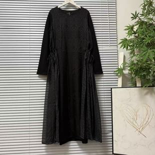 1126-3台湾品牌设计宽松黑色提花面料抽绳收腰连衣裙潮版高级感