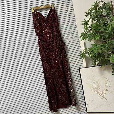 1112-31F家大牌风亮片礼服连衣裙V领抹胸收腰显白浪漫约会礼裙