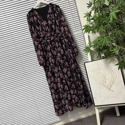 1119-41法式复古V领雪纺印花连衣裙长袖收腰显瘦中长款气质裙子