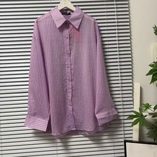 0330 休闲条纹衬衫 纽扣百搭款 翻领带钻休闲风单排扣 33欧美单长袖