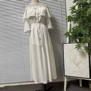 1219 60白色一字肩荷叶领连衣裙女收腰浪漫优雅长裙夏日海岛风