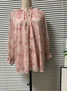 0611-53法系品牌单样衣亮丝雪纺碎花长袖衬衫上衣休闲肌理感外套