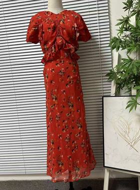 1231-27红色碎花连衣裙女V领无袖修身长裙复古显瘦气质裙子