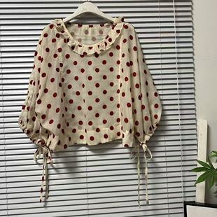 0325 系带波点减龄荷叶领七分宽松 45原创专柜设计含人丝休闲衬衫