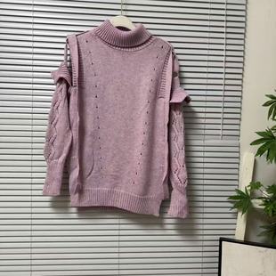 1028 毛织上衣 27南油高货慵懒风高领露肩羊毛混纺毛衣套头设计款