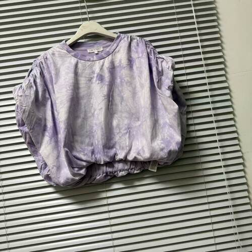 0723-60法系度假风扎染蝙蝠袖短袖衬衫女夏季宽松圆领紫纯棉上衣