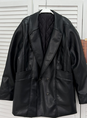 MONA 黑色百搭夹棉皮衣 100绵羊毛单面呢外套女小个子 冬季新款