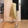 2018 New fall Retro Diamonds velvet golden The waist Frenum Pleated skirt skirt