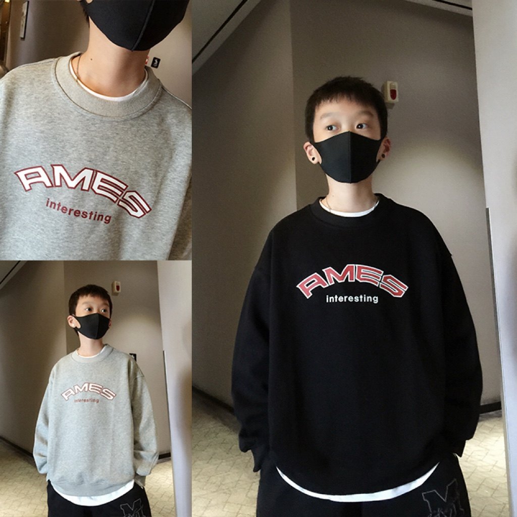 男童加绒卫衣儿童撞色字母上衣嘻哈街舞亲子卫衣中大童保暖上衣潮