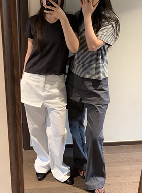 IU ROOM 韩系高腰假两件屁帘喇叭裤夏季纯色显瘦直通休闲长裤1213
