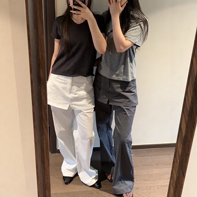 IU ROOM 韩系高腰假两件屁帘喇叭裤夏季纯色显瘦直通休闲长裤1213