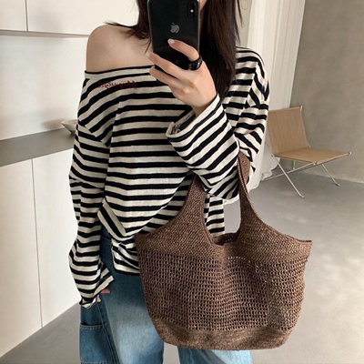 IU ROOM 韩系刺绣斜肩条纹长袖T恤一字肩T恤宽松显瘦长袖上衣5557