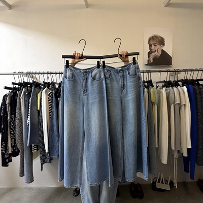 IU ROOM 韩系水洗阔腿牛仔裤小个子宽松高腰简约显瘦休闲裤3951