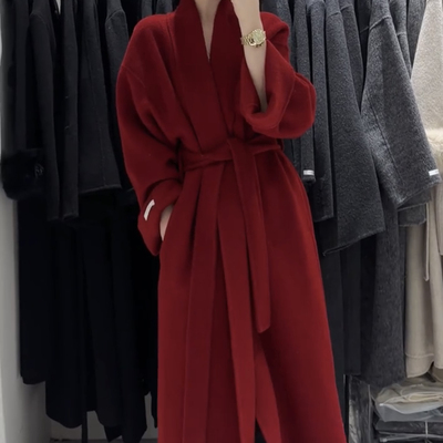 衣伴法式红色复古气质款双面呢长款大衣本命年穿搭羊毛外套5087