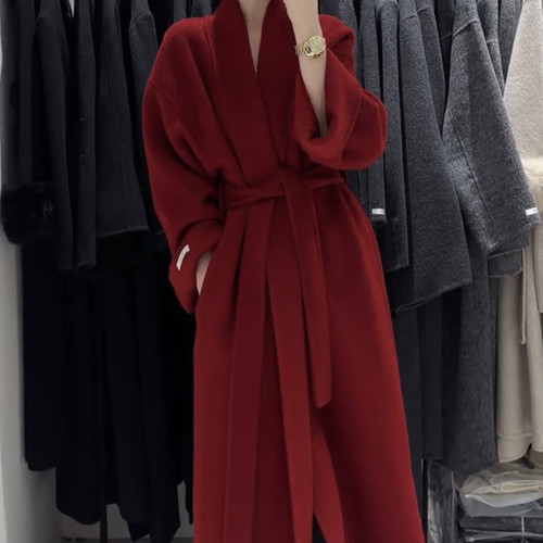 衣伴法式红色复古气质款双面羊绒长款大衣本命年穿搭羊毛外套5087