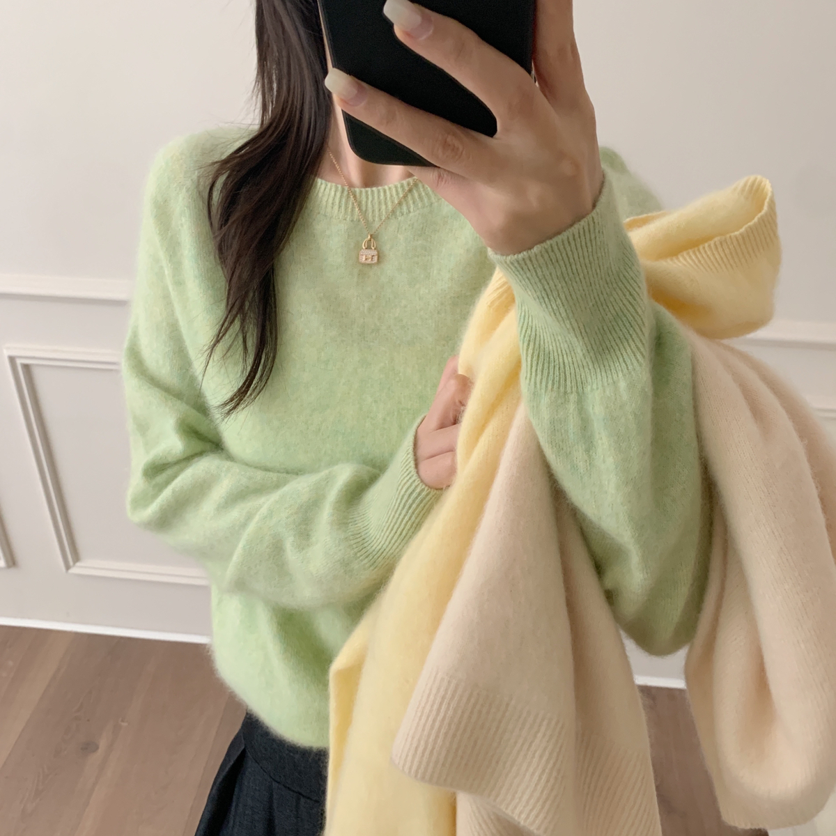 芭妮Bonnet 韩系圆领毛衣纯色高级感宽松慵懒风女针织山羊绒 068