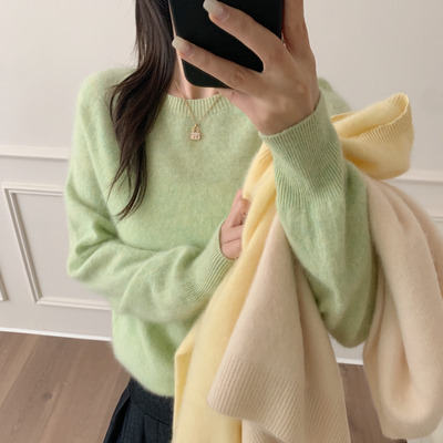 芭妮Bonnet 韩系圆领毛衣纯色高级感宽松慵懒风女针织山羊绒 068