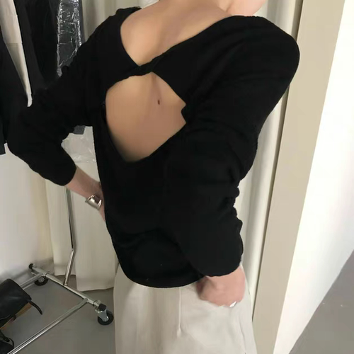 IU ROOM 韩系扭结露背长袖内搭打底衫春季新款时尚显瘦针织衫3957