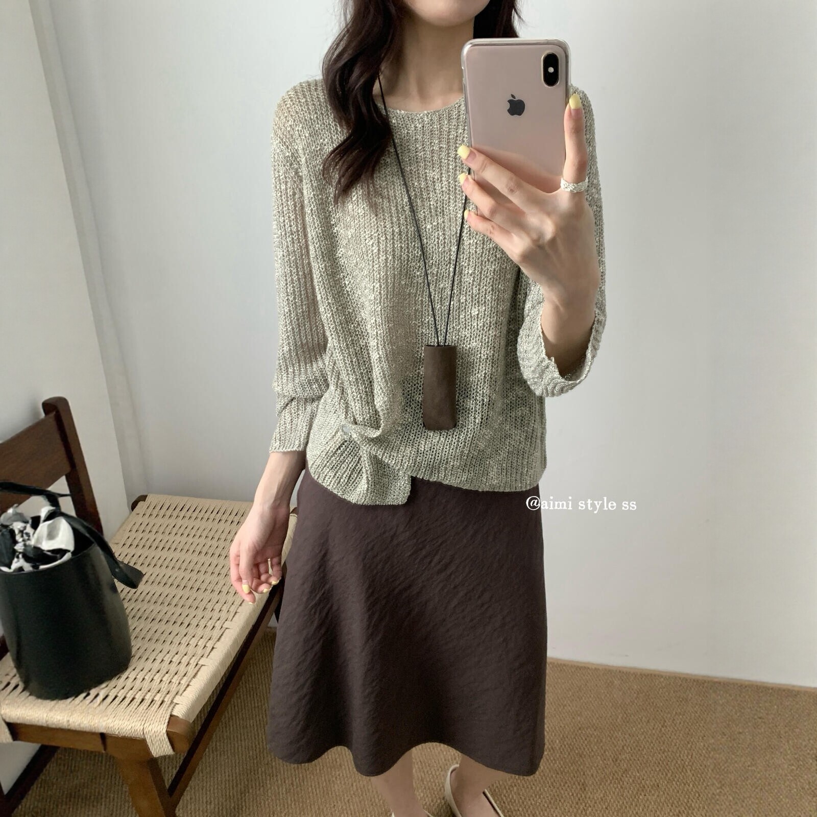 Aimistyle设计感打结针织衫女款慵懒风镂空宽松长袖上衣女31929